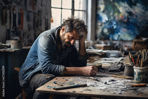 Depressed artist in unkempt workshop visibly grappling with emotional turmoil 