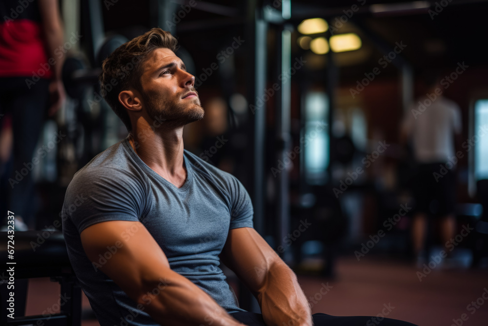 Obraz premium Gym-goer sitting dejectedly on bench press background with empty space for text 