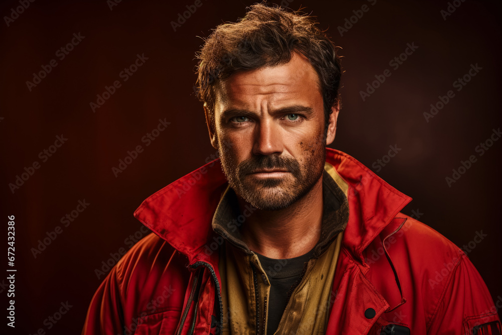 Fototapeta premium Troubled firefighter at fire station isolated on a gradient red background 