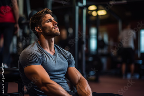 Gym-goer sitting dejectedly on bench press background with empty space for text  photo