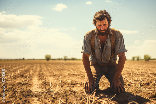 Distressed farmer in barren field background with empty space for text  photo