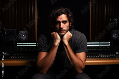 Troubled musician brooding in recording studio background with empty space for text  photo