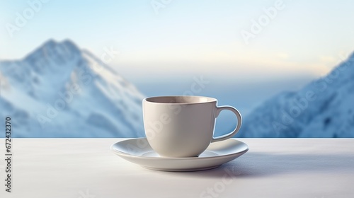  a white cup and saucer on a saucer in front of a mountain range with a blue sky in the background. generative ai