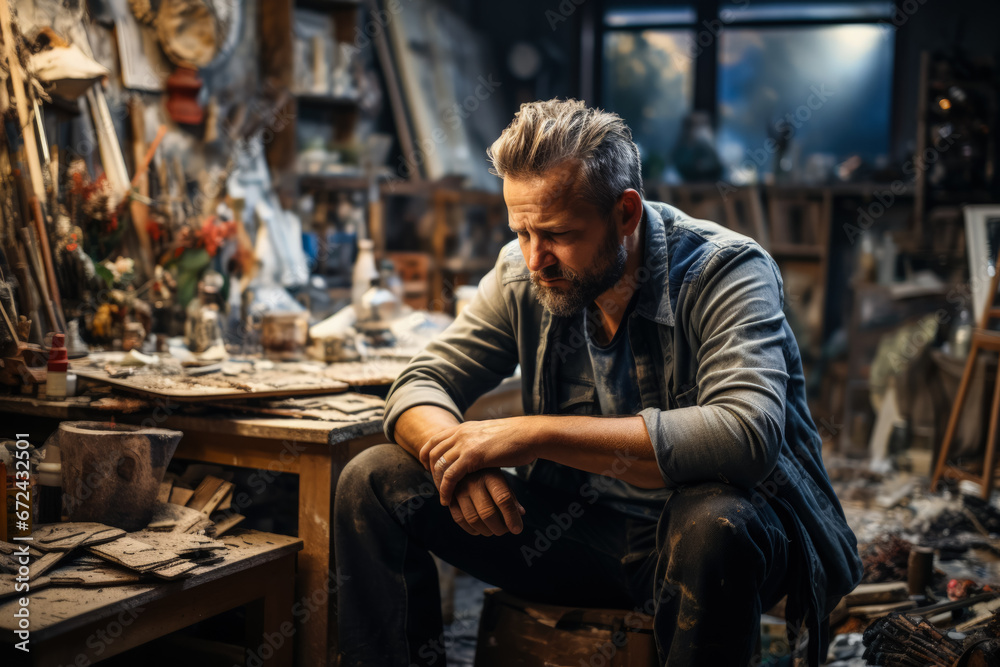 Depressed artist in unkempt workshop visibly grappling with emotional turmoil Depressed artist in unkempt workshop visibly grappling with emotional turmoil