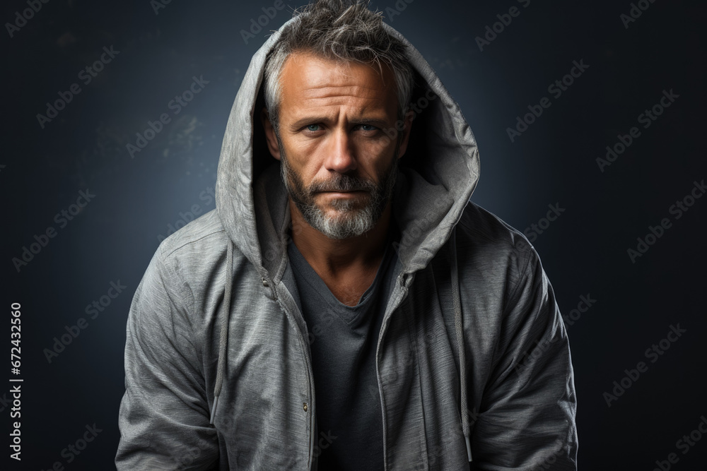 Distressed adult male sitting alone in city isolated on a gray gradient background 
