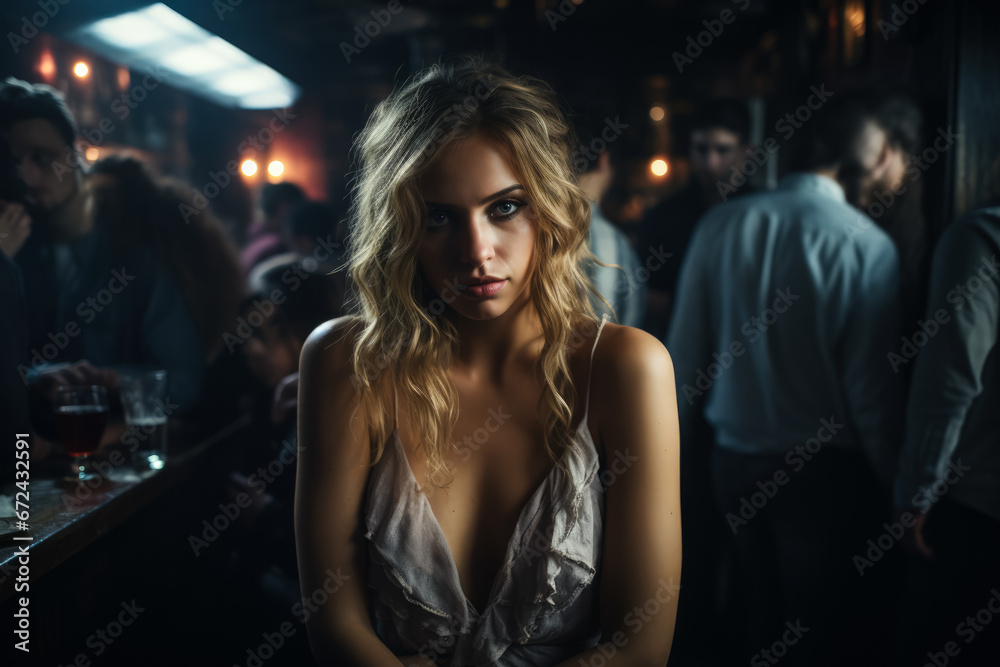 Sad individual lost in thought experiencing melancholy in crowded nightclub 