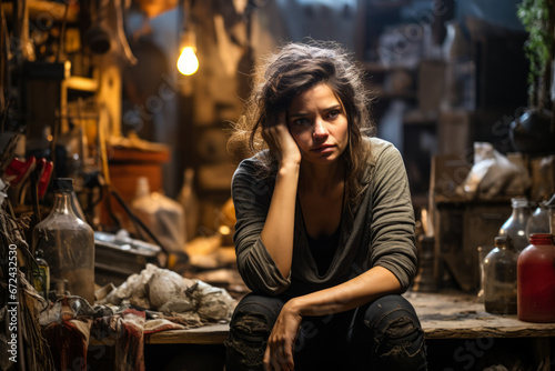 Depressed artist in unkempt workshop visibly grappling with emotional turmoil  photo