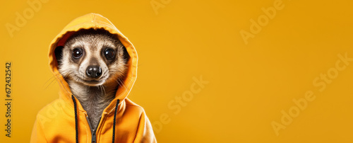 Funny looking meerkat or desert mongoose wearing sport sweatshirt hoodie. Wide banner with copy space on side. Generative AI photo