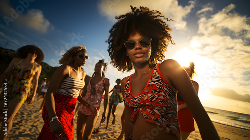 A group of brazilian young women enjoying a party on the beah, summer vibe, golden hour photo