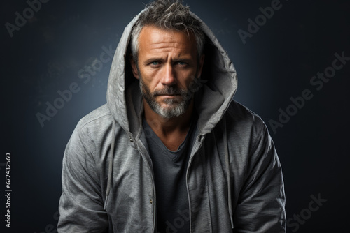 Distressed adult male sitting alone in city isolated on a gray gradient background 
