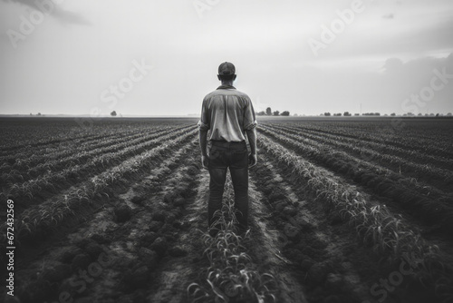 Depressed farmer standing alone in vast unproductive agricultural fields under grayscale sky  photo