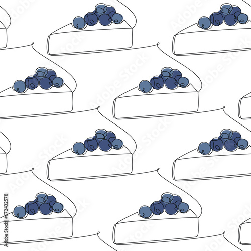 Blueberry cake hand drawn background. Seamless pattern vector. Cartoon dessert backdrop. Line continuous doodle illustration. Kitchen wallpaper, print, graphic design, card, banner. 