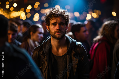 Sad individual lost in thought experiencing melancholy in crowded nightclub 