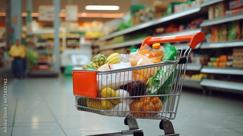 metal Cart with wheels with groceries and shopping at the supermarket. Shopping day. Grocery shopping metal Cart with wheels with groceries and shopping at the supermarket. Shopping day. Grocery shopping