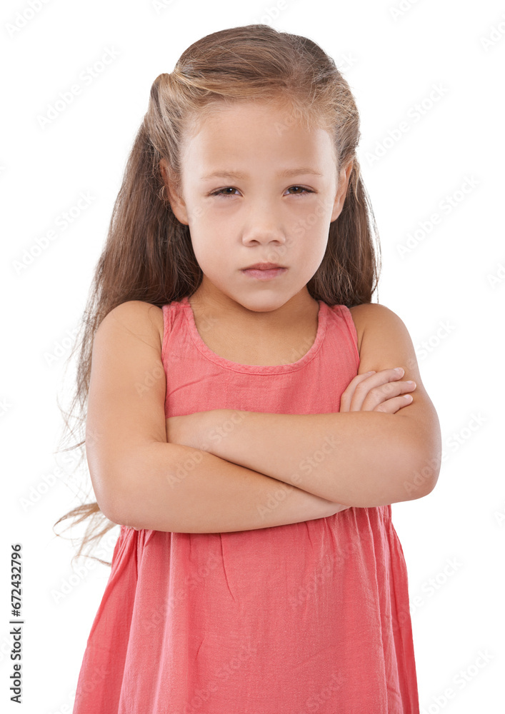 Child, arms crossed and angry portrait of bullying in frustrated, upset and tantrum with attitude problem. Young girl, cross and moody face, body language and isolated on transparent png background Child, arms crossed and angry portrait of bullying in frustrated, upset and tantrum with attitude problem. Young girl, cross and moody face, body language and isolated on transparent png background