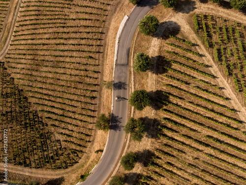 Drone footage of cyclist in vineyards on the banks of the Duoro in Portugal's Duoro Valley. 