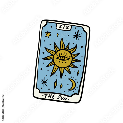 The Sun Tarot logo or label, magic cards reader, hand-drawn sketch brush simple minimal print for magical esoteric souvenirs. Witchy female hand drawn magic love fortune spell occultism concept.