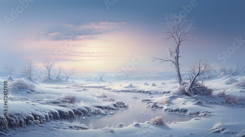  a painting of a snowy landscape with a river running through it and a lone tree in the middle of the picture. generative ai