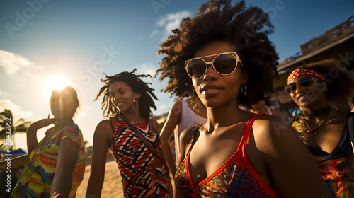 A group of young women in Salvador, Bahia, Brazil, enjoy a party on the beach, in a summer vibe