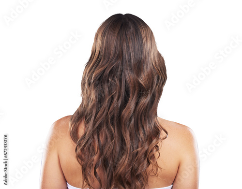 Back of woman, beauty and curly hair, health and care isolated on a transparent png background. Natural hairstyle, rear view and cosmetics in salon treatment, hairdresser and shine for wellness.