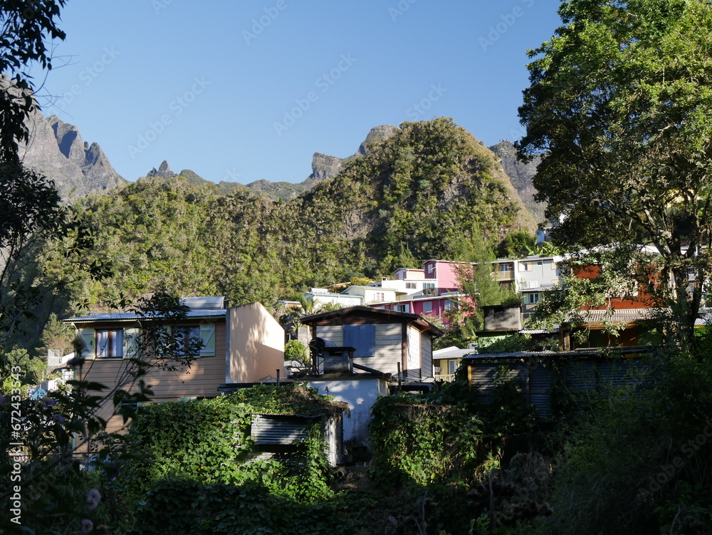 Colorful houses in the cirque of Cilaos, Reunion island Colorful houses in the cirque of Cilaos, Reunion island