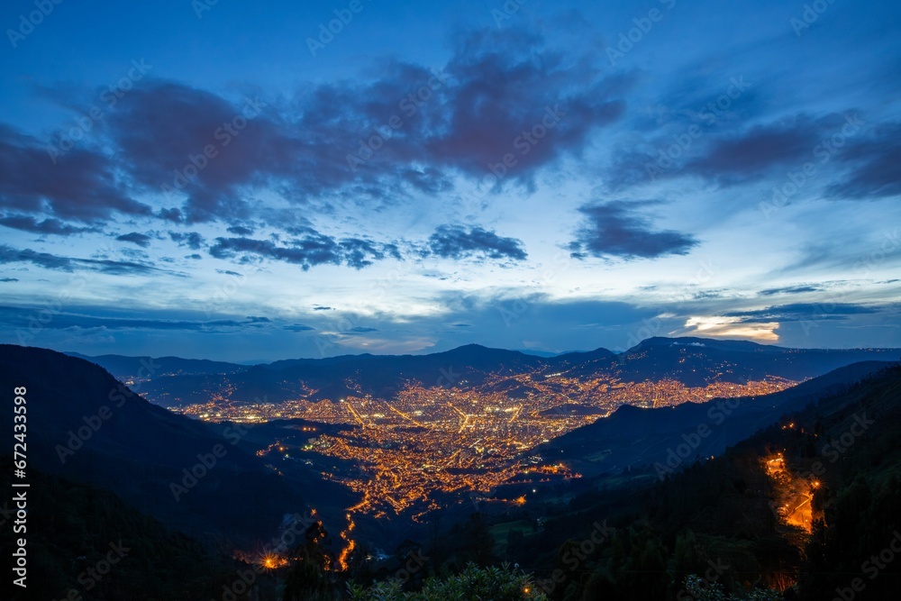 Aerial view of a city skyline at night, Medellin, Antioquia, Colombia