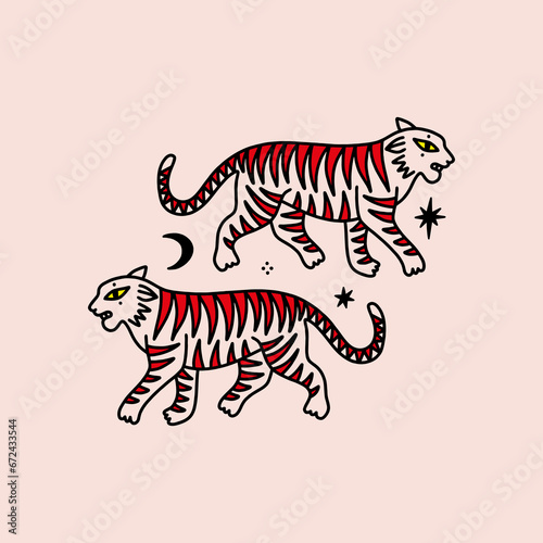 Groovy funny asian cat tigers Japanese doodles. Beautiful wild cats  contour animals. Square vector illustration card.