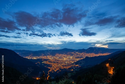 Aerial view of a city skyline at night, Medellin, Antioquia, Colombia