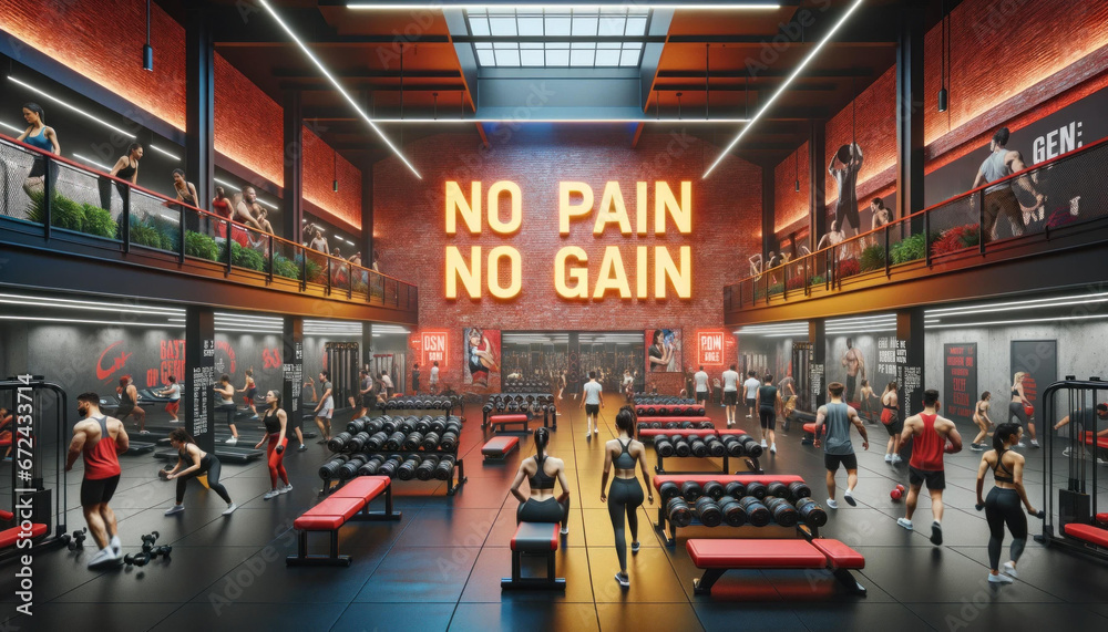 Energetic Fitness Center with 'No Pain, No Gain' Mantra on Brick Wall, Diverse Workout Environment