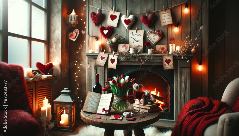 Cozy Valentine's Evening by the Fireplace, Heart Decorations, Wine and Love Poems Scene