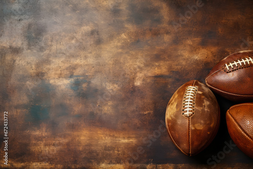 Touch football game nostalgia vintage leather brown hues background with empty space for text 