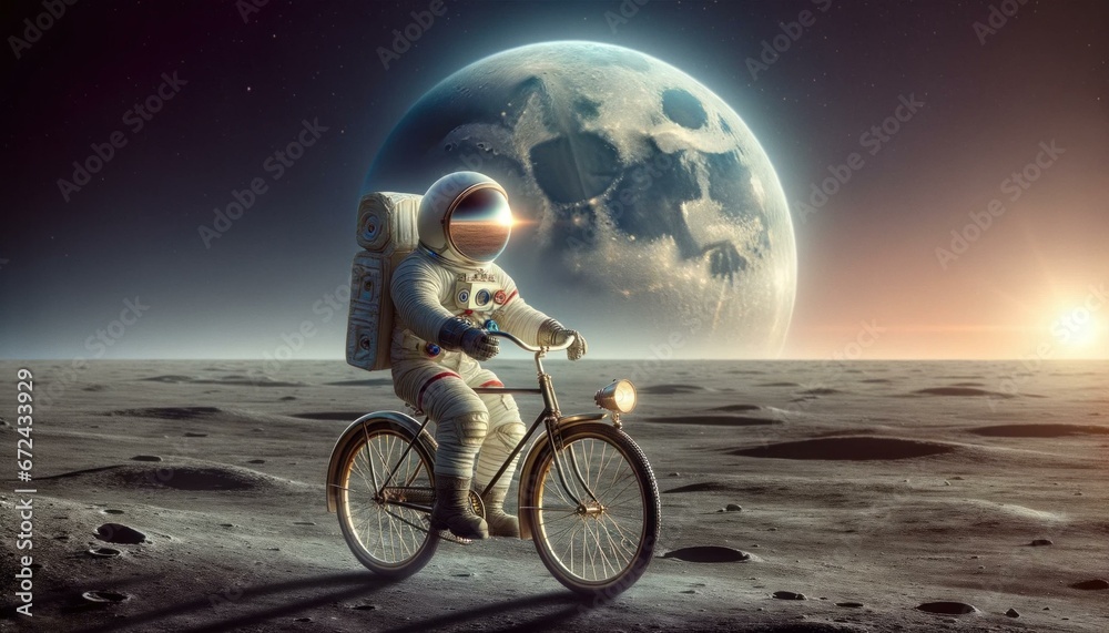 Obraz premium Astronaut's Vintage Lunar Journey: Earthrise and Antique Bicycle on Moon's Surface