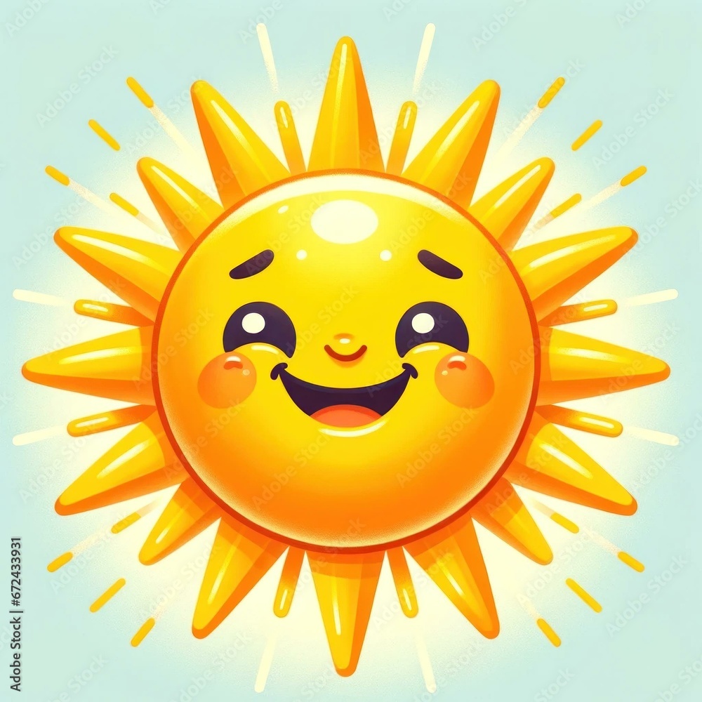 Smiling Cartoon Sun with Radiant Beams Against Blue Sky, Symbolizing Joy and Warmth