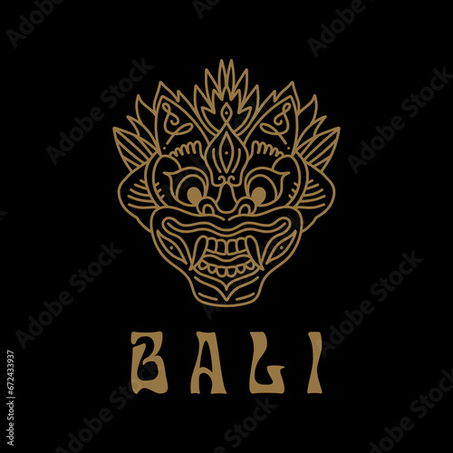 Barong ornate line contour silhouette text icon clipart graphics on black background. Square vector illustration of Bali Asian Indonesia folklore mask.