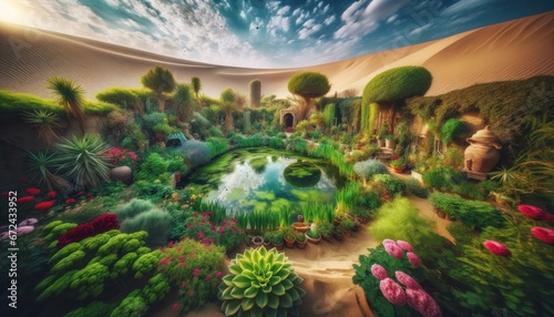 Desert Oasis Hidden Garden Panorama with Lush Greenery and Vibrant Flora