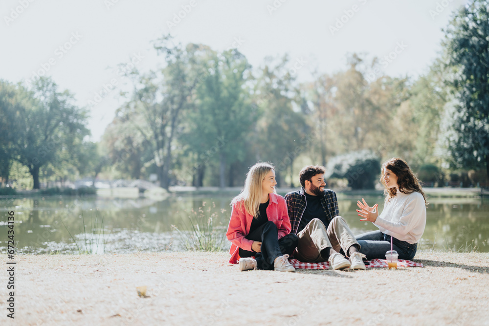 Caucasian friends have a carefree and joyful time, socializing and relaxing in a city park. They enjoy a fun conversation and embrace the freedom of their weekend activities.