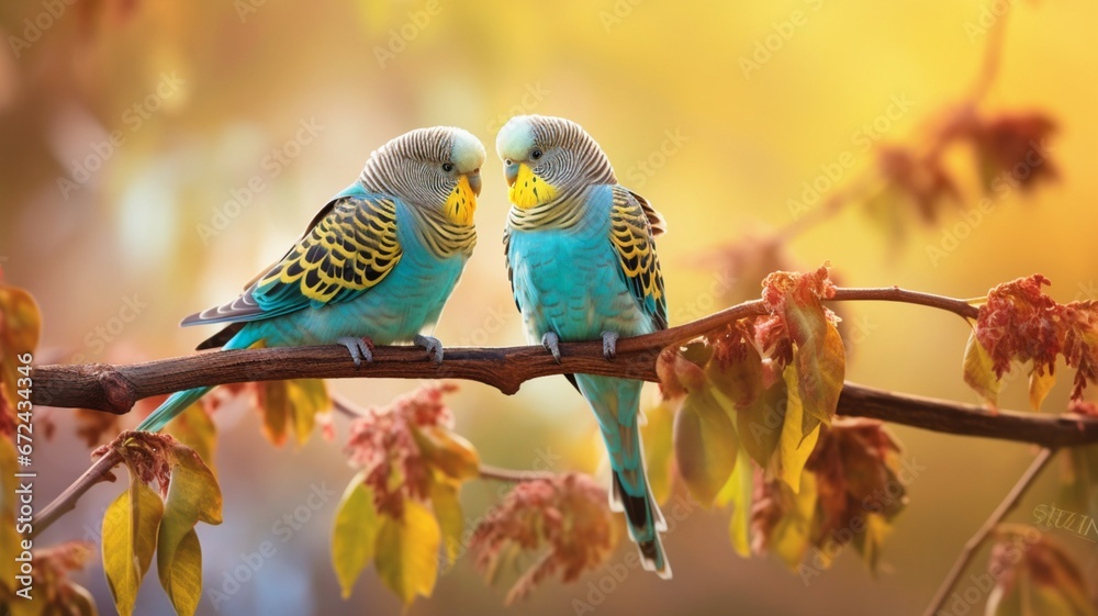 Beautiful two love birds happy fischer's faced illustration picture AI generated art - obrazy, fototapety, plakaty 