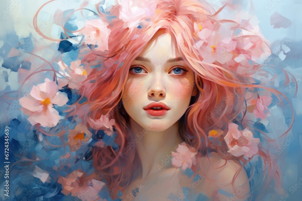 Beautiful young woman with long pink hair on background of delicate blue pink flowers. Modern girl in the old style of Impressionism oil painting. Girl from dreams. For cards, Wall Decoration