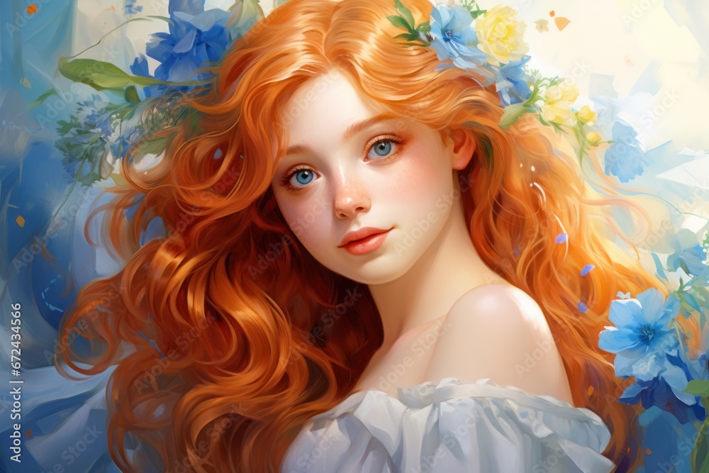 Teenage girl with long red hair against a background of delicate blue flowers. Portrait in the style of impressionism and oil painting. The concept of youth, tenderness and innocence.