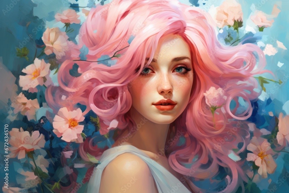 Beautiful young woman with long pink hair on background of delicate blue pink flowers. Modern girl in old style of Impressionism oil painting. Girl from dreams. For cards, Wall Decoration, greetings