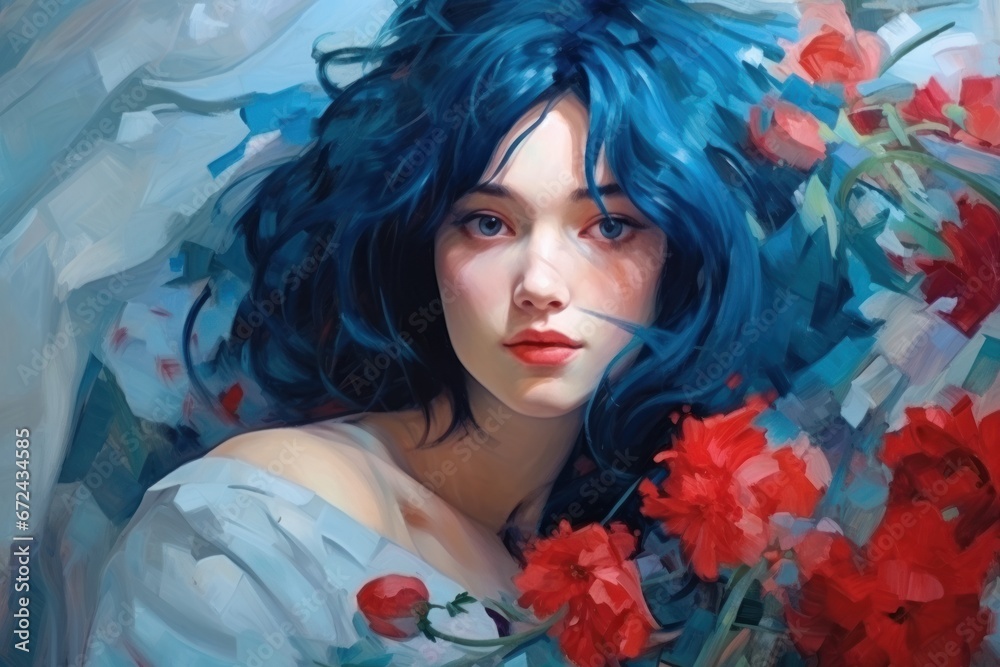 Beautiful young woman with long blue hair on background of red poppy flowers. Modern girl in the old style of Impressionism oil painting. Girl from dreams. For cards, Wall Decoration, greetings