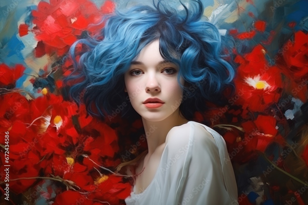 Beautiful young woman with long blue hair on background of red poppy flowers. Modern girl in the old style of Impressionism oil painting. Concept of feminism and unbending strength of woman