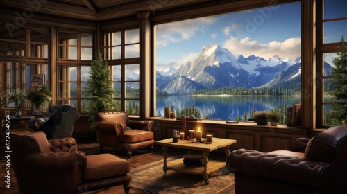 a living room filled with furniture and a painting of a mountain range on the wall next to a large window. generative ai