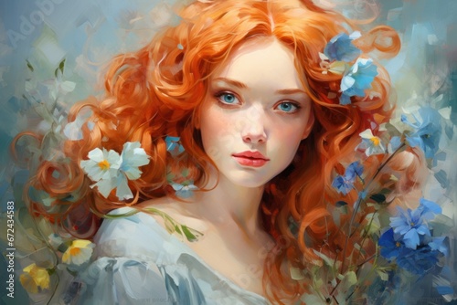 Portrait of beautiful young woman with long red hair on background of delicate blue flowers. In style of oil painting. Girl from dreams. Ideal for cards  greetings  Wall Decoration