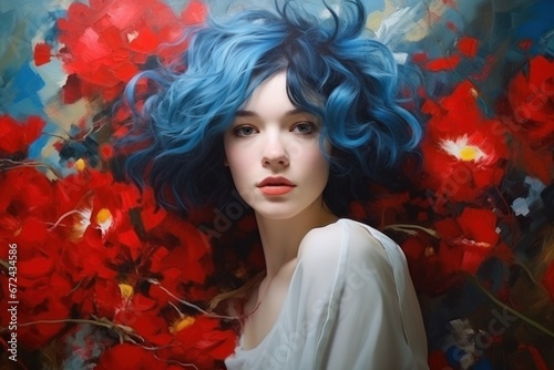 Beautiful young woman with long blue hair on background of red poppy flowers. Modern girl in the old style of Impressionism oil painting. Concept of feminism and unbending strength of woman
