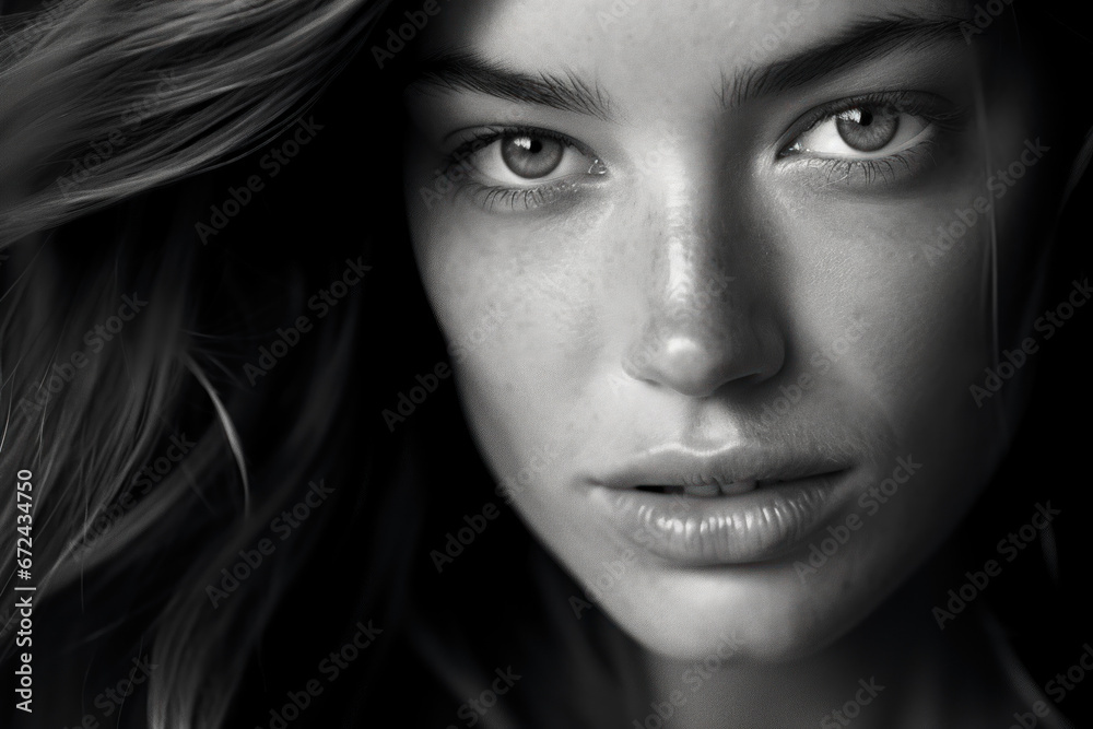 gros plan noir et blanc d'une jeune femme au regard clair avec tâches de rousseurs sur le visage gros plan noir et blanc d'une jeune femme au regard clair avec tâches de rousseurs sur le visage