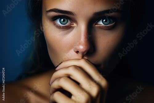 gros plan sur un visage de femme inquiète la main devant sa bouche