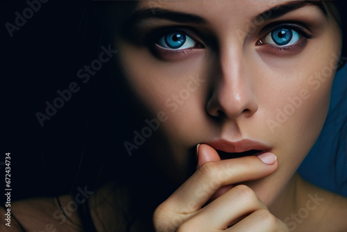 gros plan sur un visage de femme inquiète la main devant sa bouche