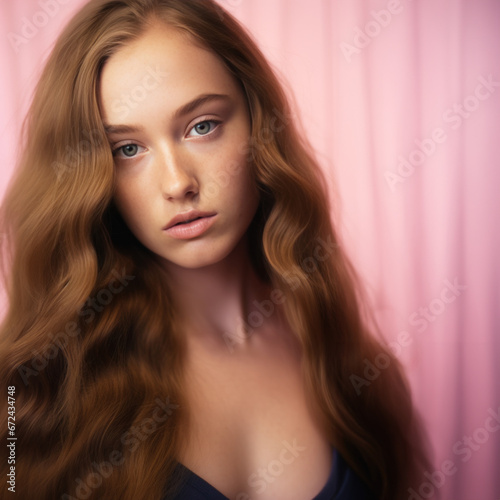 jeune adolescente mélancolique au longs cheveux roux sur fond rose