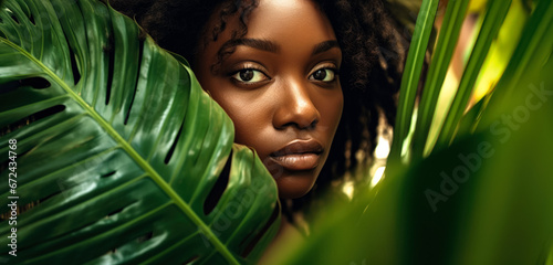 Fototapeta Naklejka Na Ścianę i Meble -  African woman model posing in green jungle leaves. Generative AI